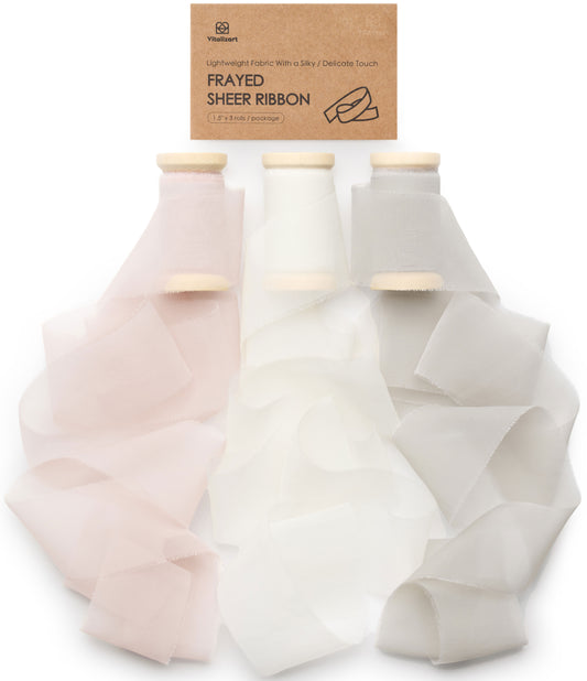 Silk Ribbon Frayed Sheer Ribbon 1 1/2" x 15 Yd(Cream & Nude & Champagne)