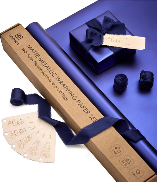 Wrapping Paper Set 17"x197" Matte Metallic With Silk Satin Ribbon & Gift Tags for Baby (Blue Paper & Blue Ribbons)
