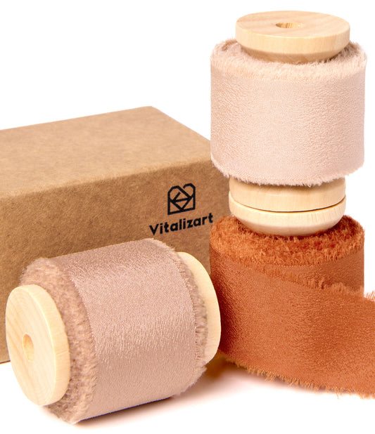 Frayed Fringe Crepe Silk Satin Ribbon 1" x 21 Yard (Nude & Orange)