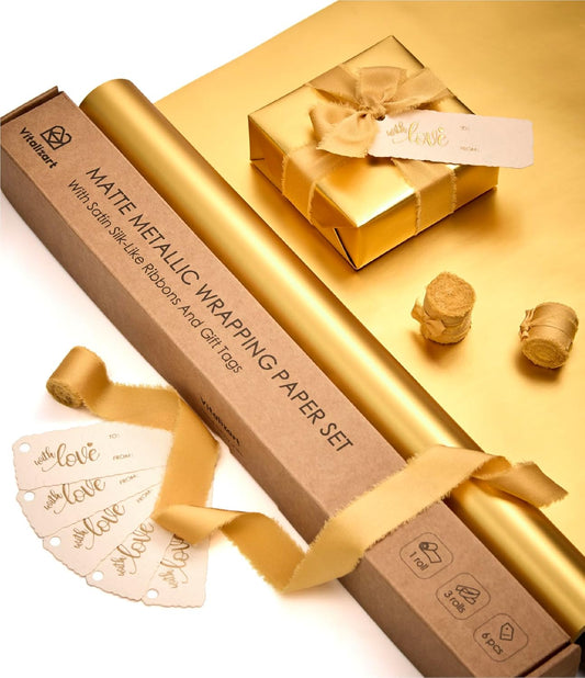 Wrapping Paper Set 17"x197" Matte Metallic With Silk Satin Ribbon & Gift Tags for Baby (Gold Paper & Gold Ribbons)
