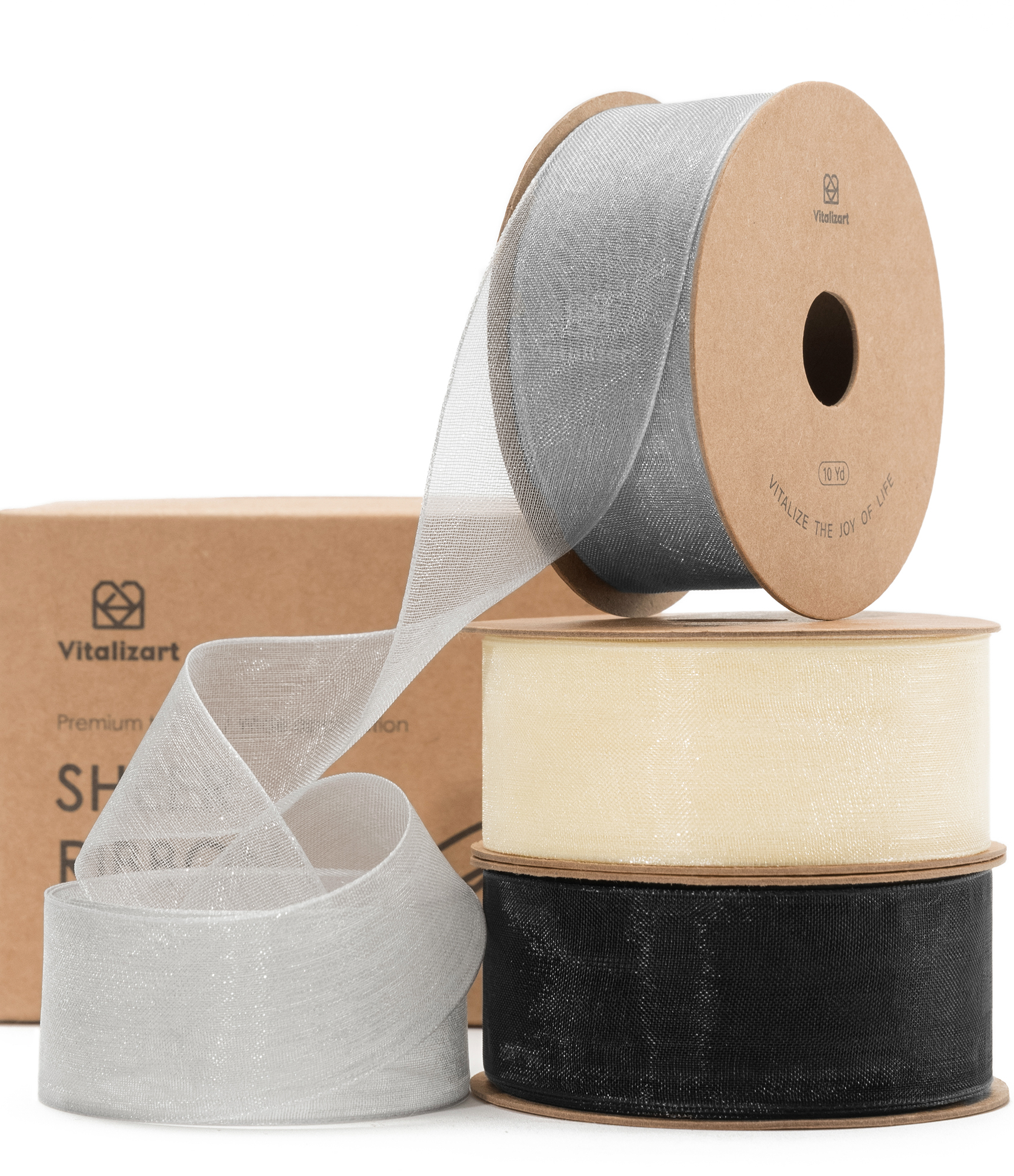 Organza Sheer Ribbon 1“ x 30 Yd (Cream White Black & Silver)