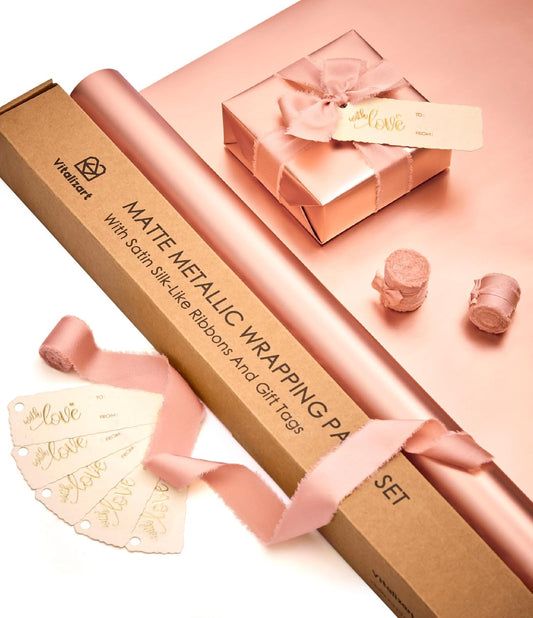 Wrapping Paper Set 17"x197" Matte Metallic With Silk Satin Ribbon & Gift Tags for Baby (Pink Paper & Pink Ribbons)