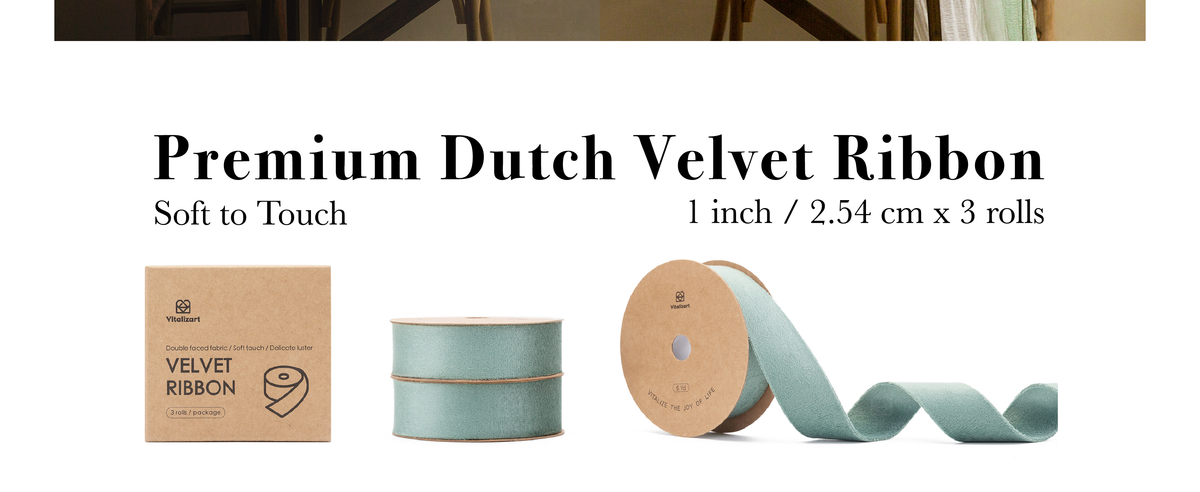 Three 1-inch dusty green velvet ribbon rolls with kraft box and an unwound strip showing the soft texture.