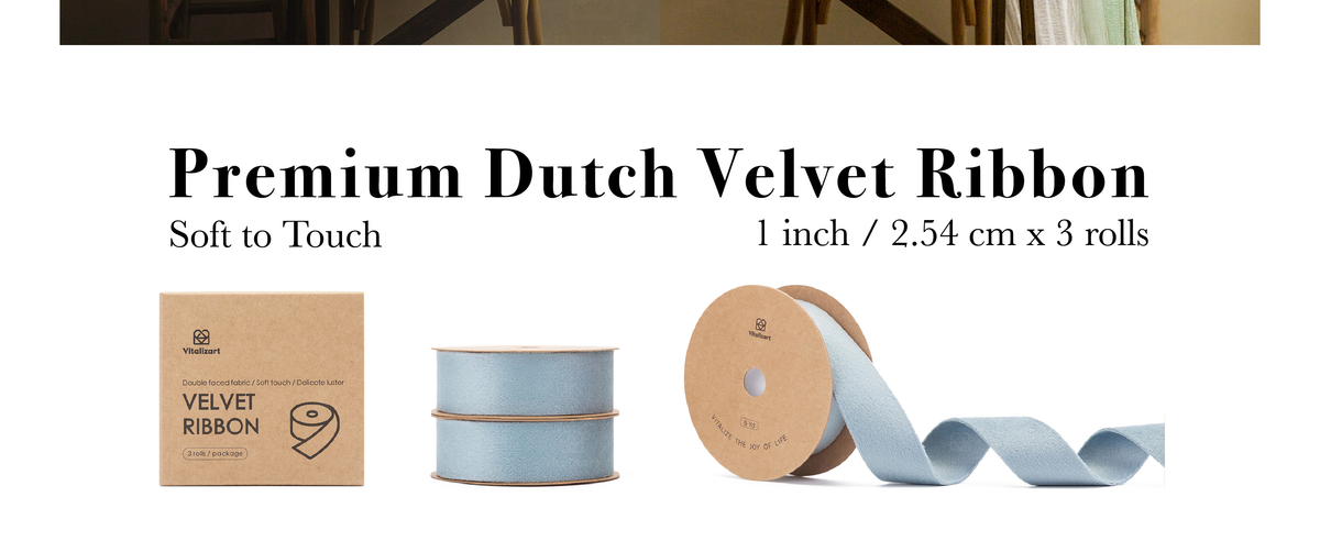 Three 1-inch dusty blue velvet ribbon rolls with kraft box and an unwound strip showing the soft texture.