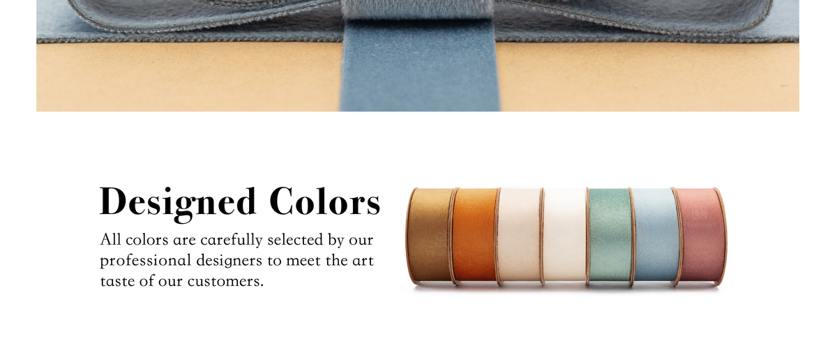 Seven velvet ribbon rolls in brown, orange, cream, white, dusty green, pale blue, and dusty pink.