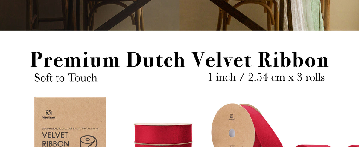 Three rolls of one-inch red double-faced velvet ribbon beside kraft packaging, with one ribbon unrolled.