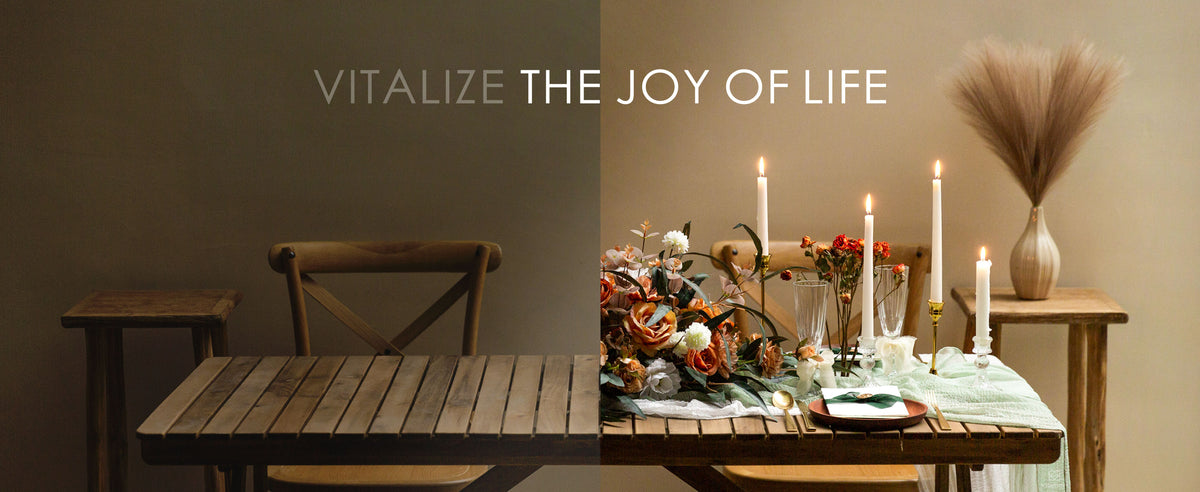 Rustic dining table shown before and after styling with flowers, linens, place settings, and candles
