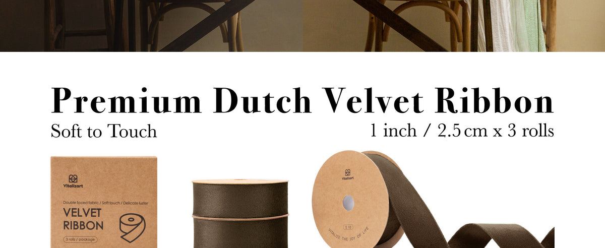 Brown double-faced velvet ribbon shown packaged, stacked on rolls, and unspooled in a soft wave