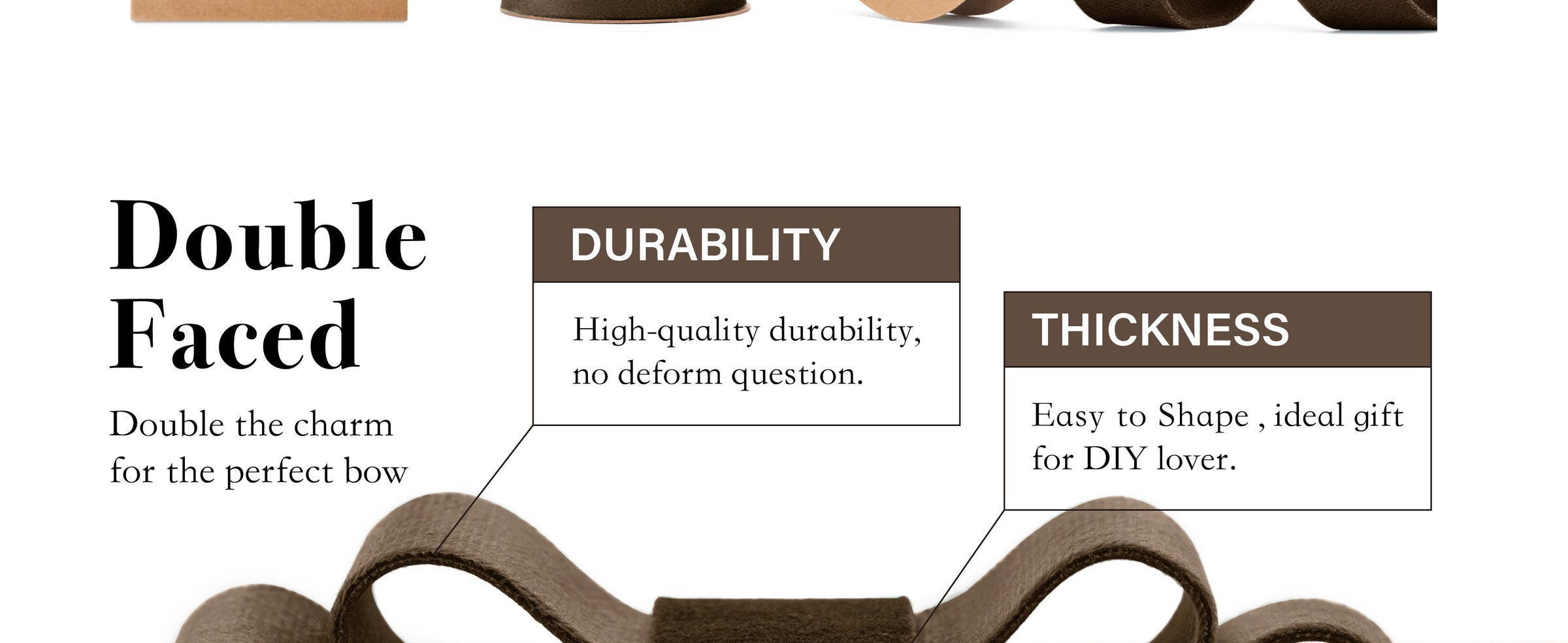Brown velvet ribbon formed into a structured layered bow, highlighting its thickness and soft texture
