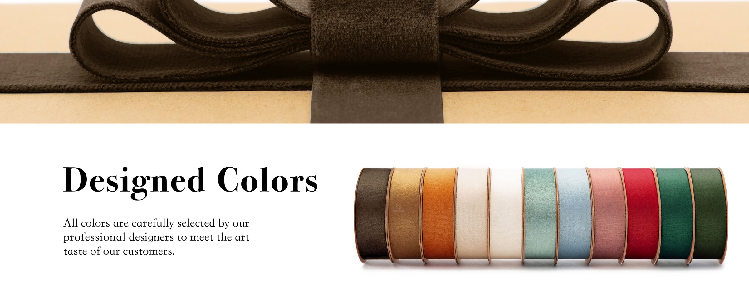 Eleven velvet ribbon rolls arranged in coordinated brown, neutral, pastel, red, and green colors