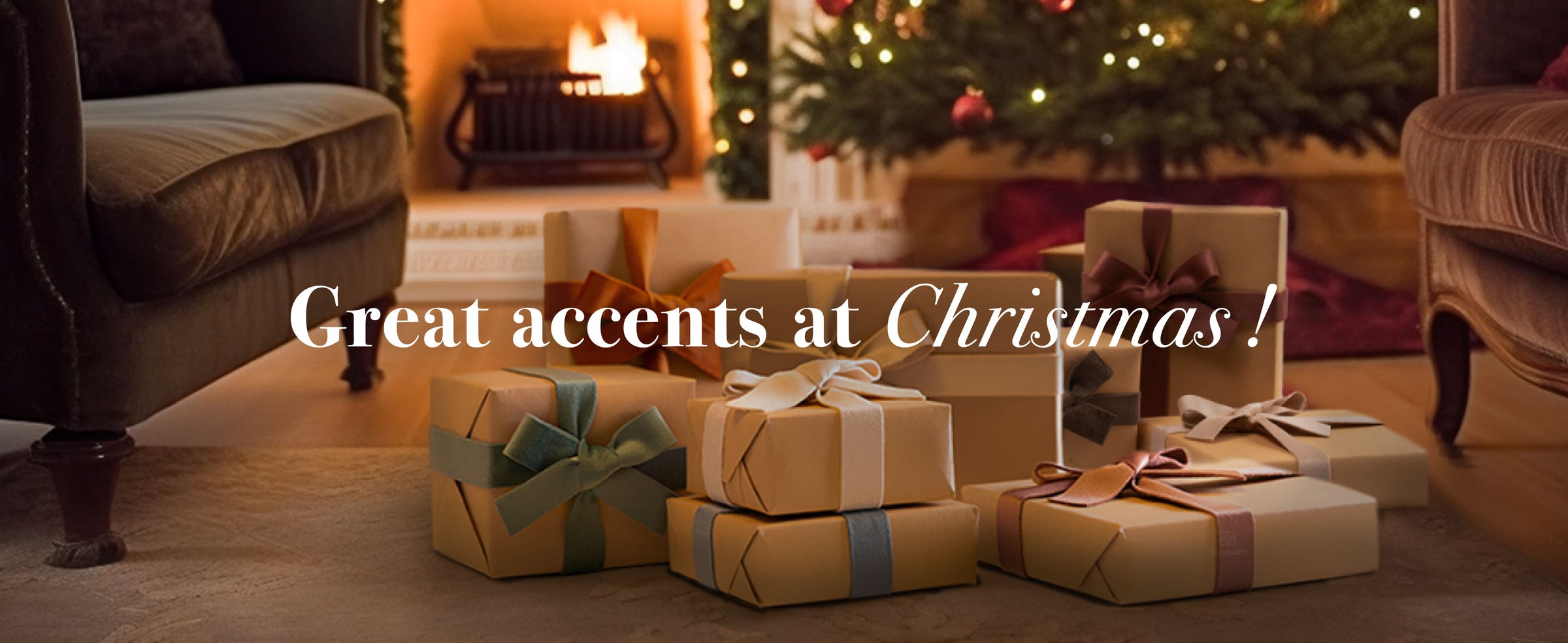 Kraft-paper Christmas gifts tied with muted velvet ribbons beside a lit tree and fireplace