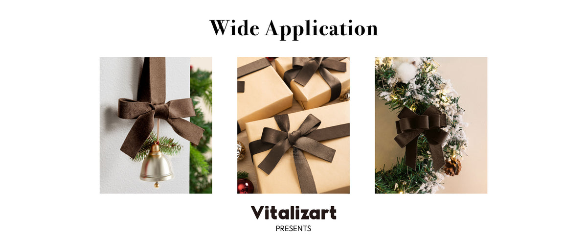 Brown velvet ribbon bows decorating a hanging bell, wrapped gifts, and a snowy Christmas wreath