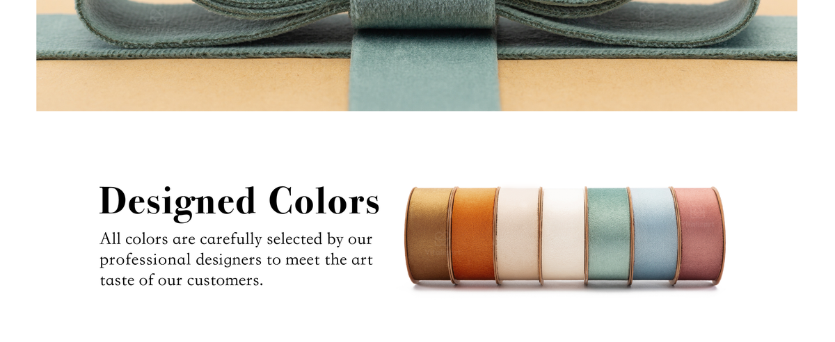 Seven velvet ribbon rolls arranged in brown, orange, ivory, white, dusty green, blue, and pink