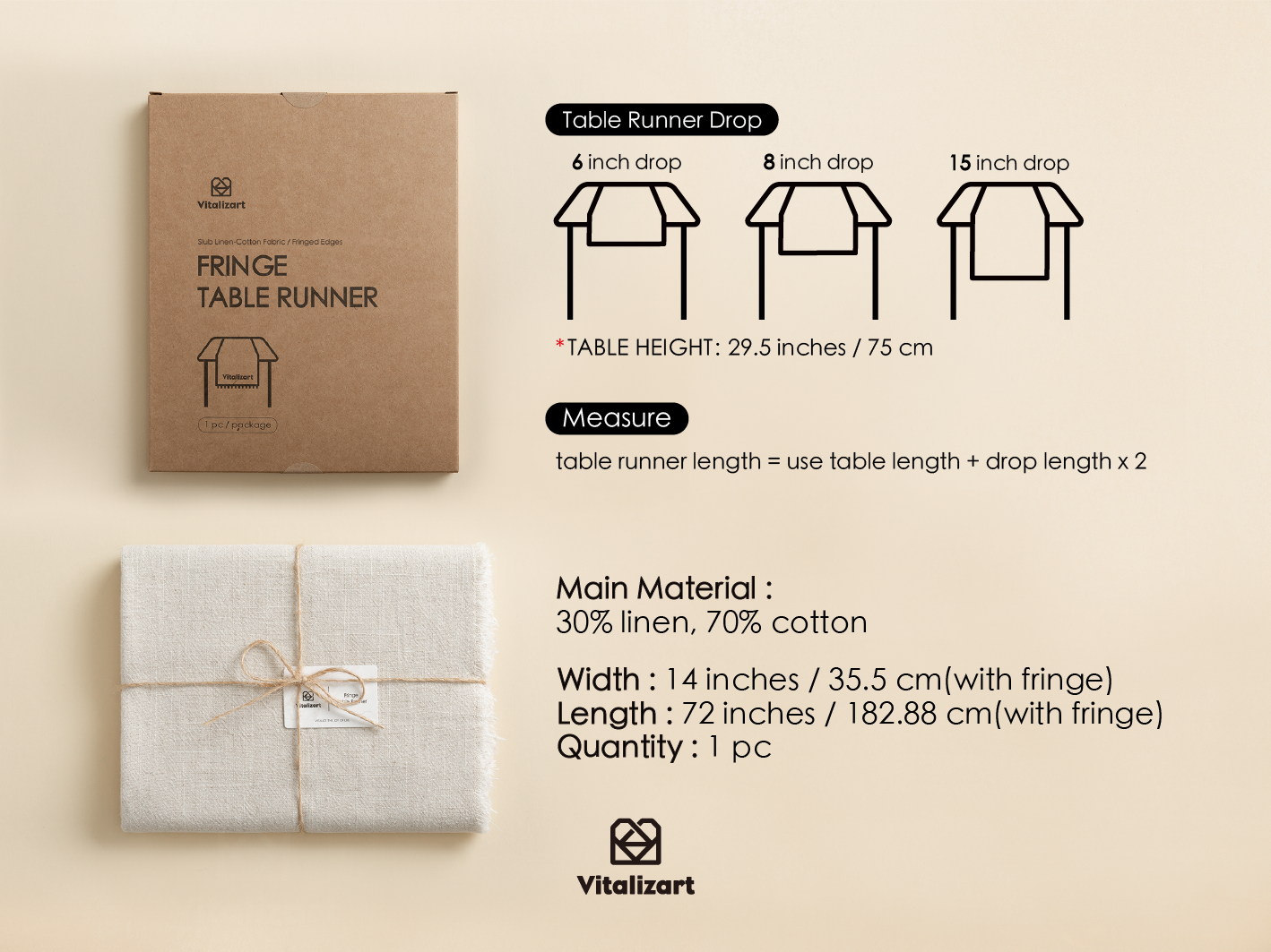 Cotton Linen Table Runner 14 x 72 Inches (Beige Cream)