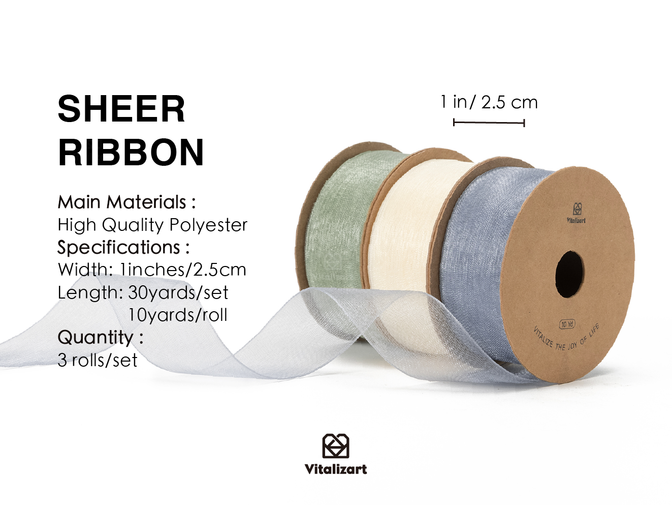 Organza Sheer Ribbon 1“ x 30 Yd (Cream White Blue & Green)
