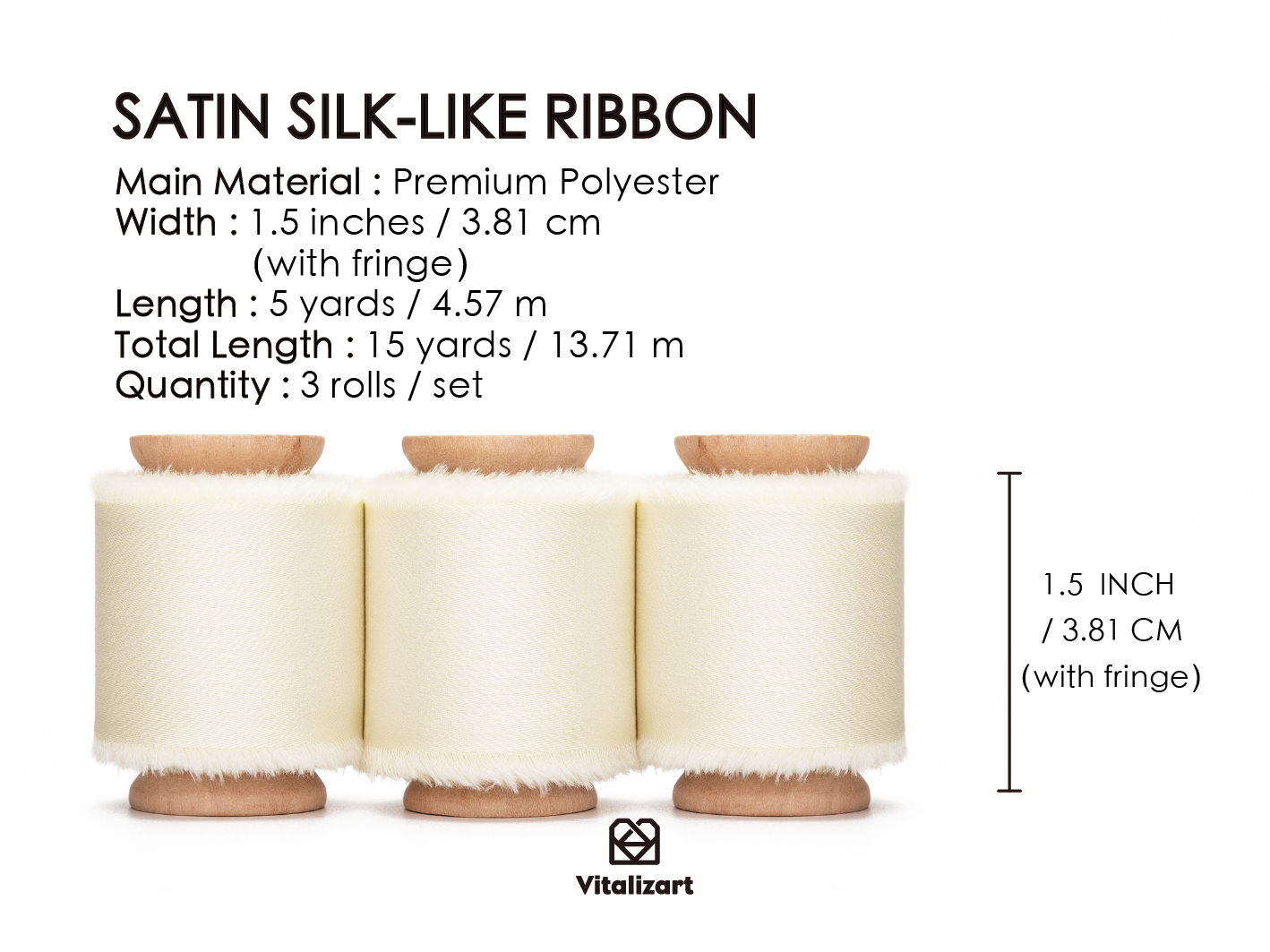Silk Satin Ribbon with Wooden Spool 1.5” x 15 Yd (Ivory White)