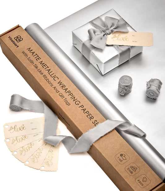 Wrapping Paper Set 17"x197" Matte Metallic With Silk Satin Ribbon & Gift Tags for Baby(Silver Paper & Silver Ribbons)