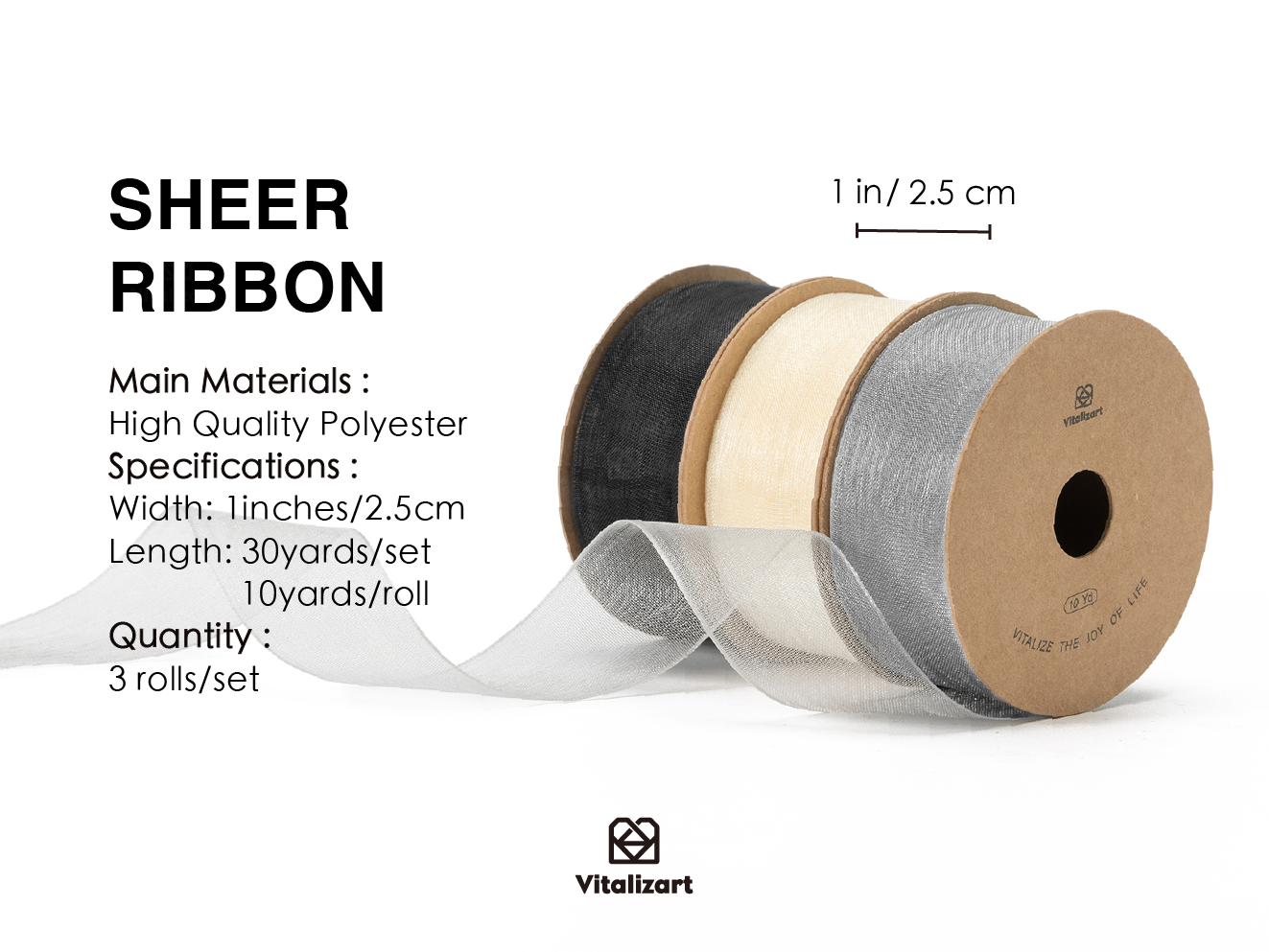 Organza Sheer Ribbon 1“ x 30 Yd (Cream White Black & Silver)