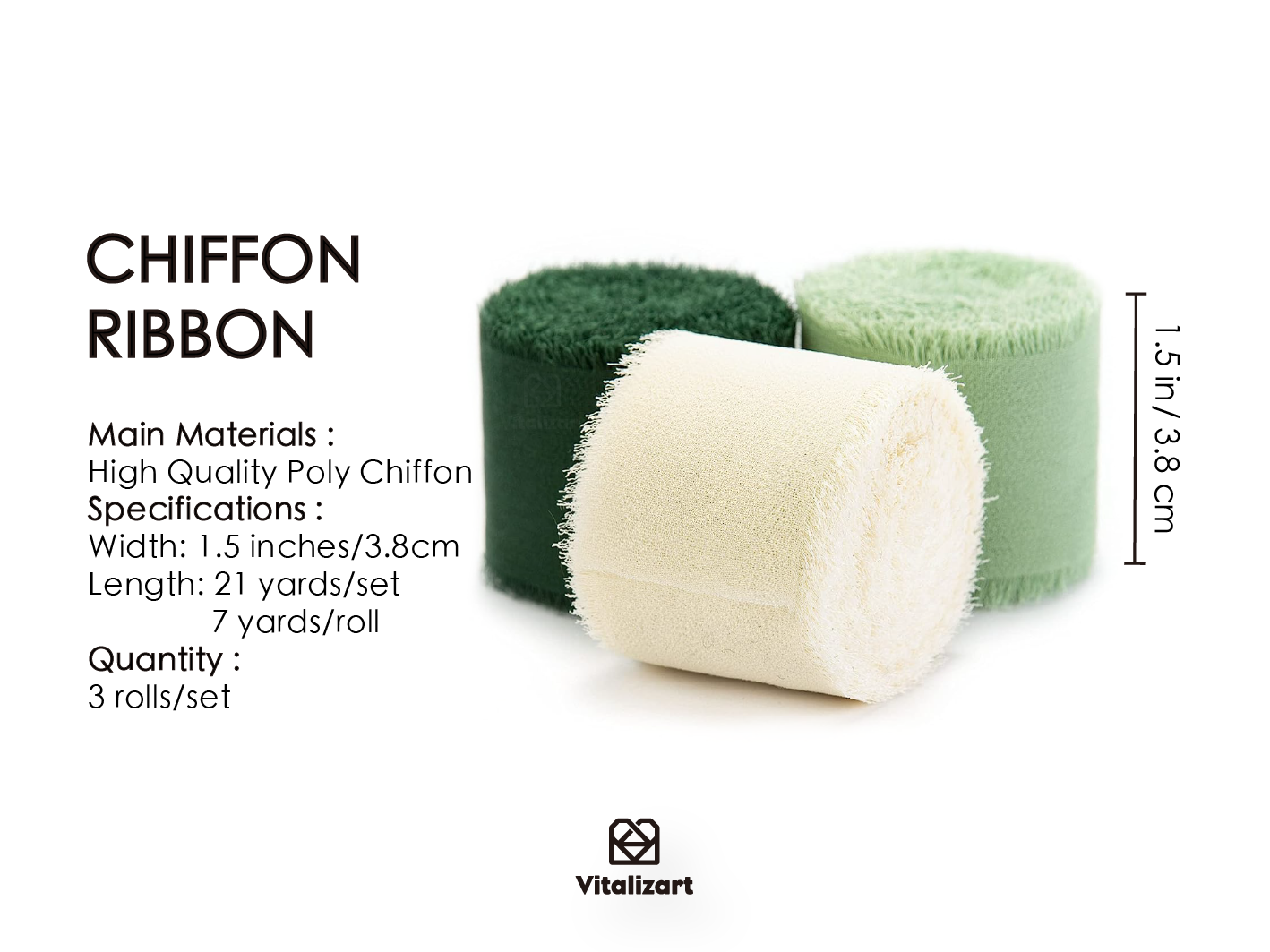 Fringe Chiffon Silk Ribbon 1 1/2 Inch x 21Yd (Cream & Green)