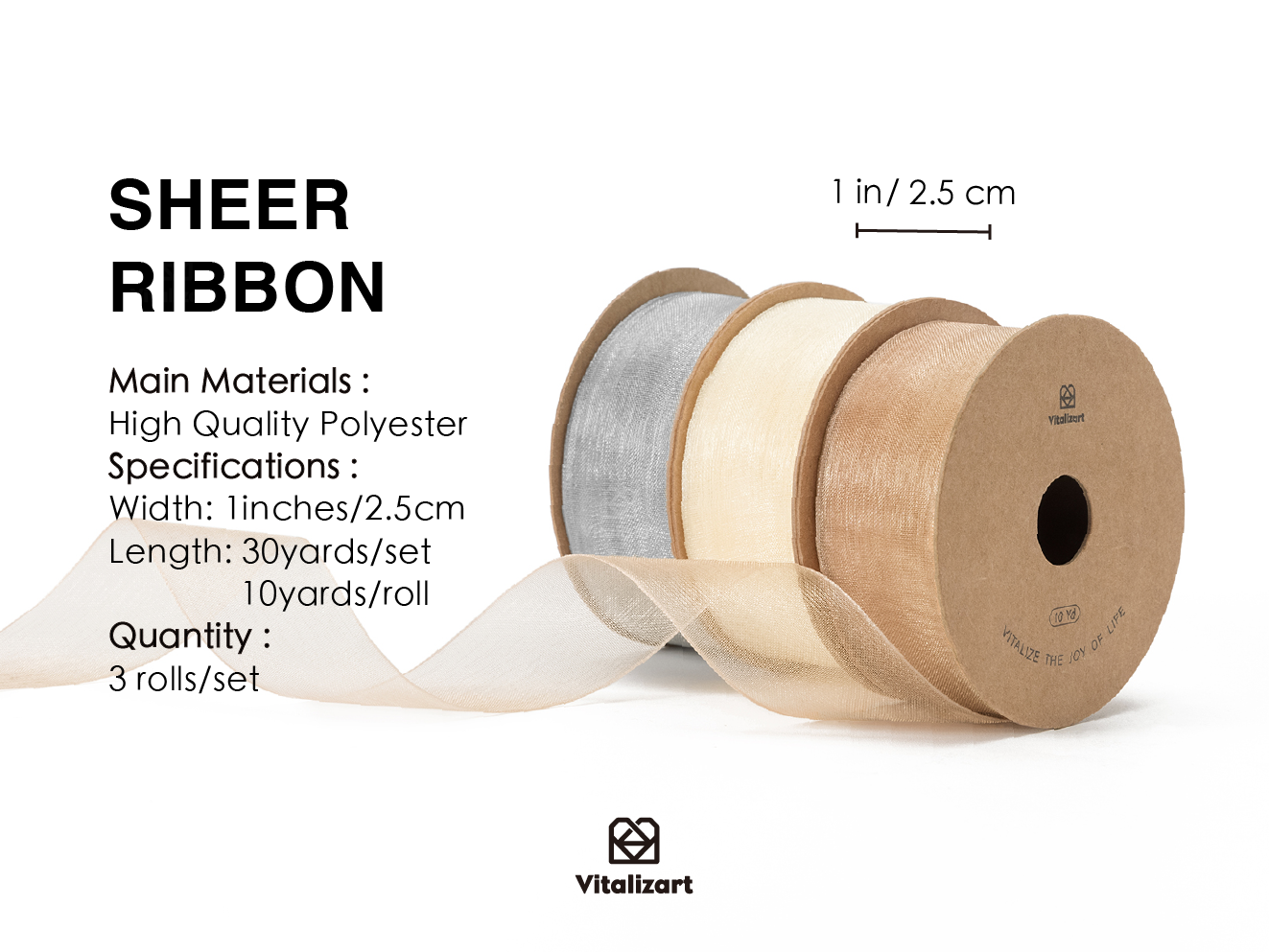 Organza Sheer Ribbon 1“ x 30 Yd (Cream White Gold & Silver)
