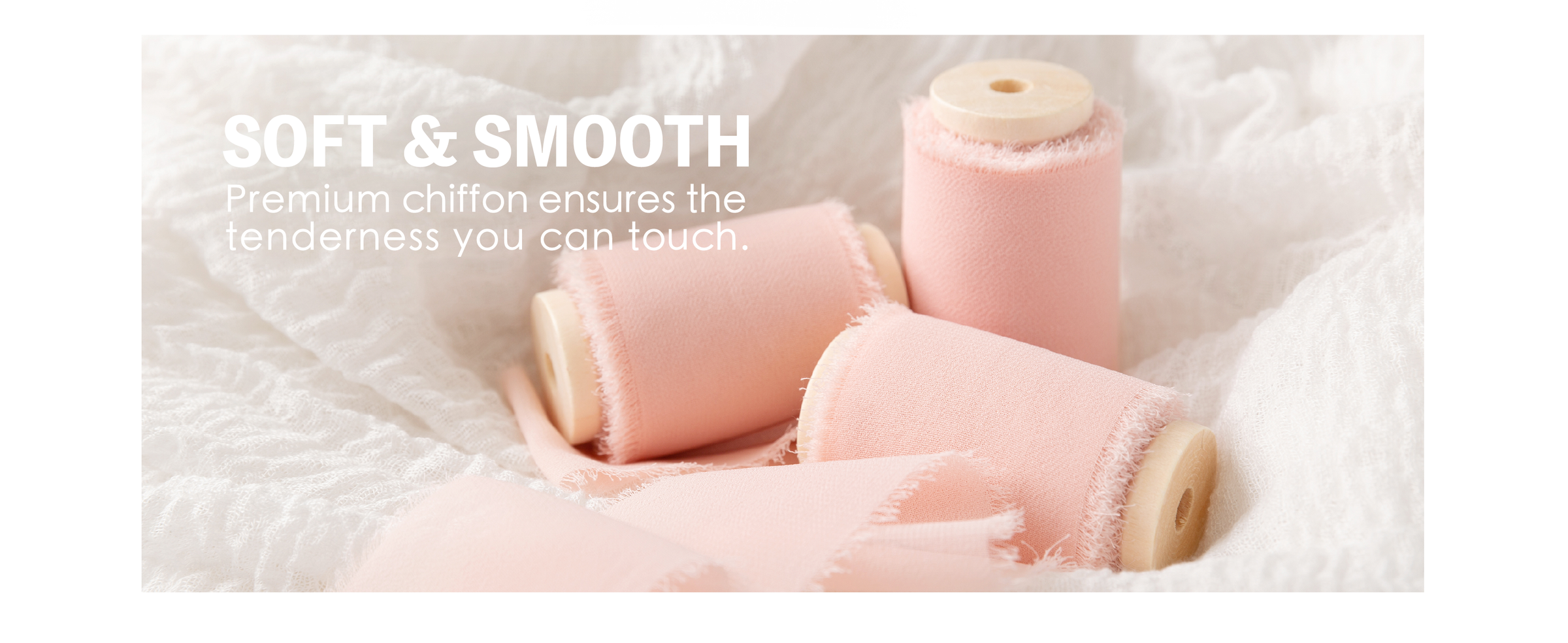 Pale pink chiffon ribbon with soft woven texture and frayed edges wound on three wooden spools.