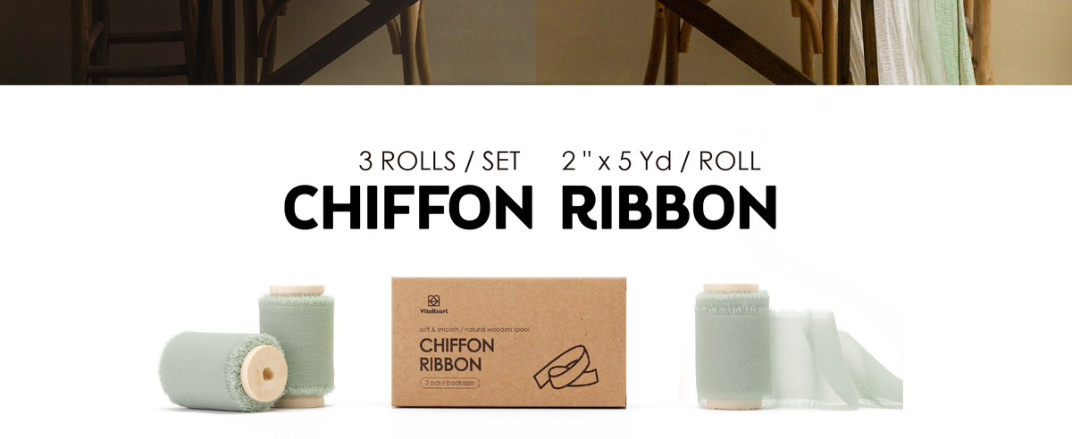 Three dusty green chiffon ribbon rolls on wooden spools with kraft packaging