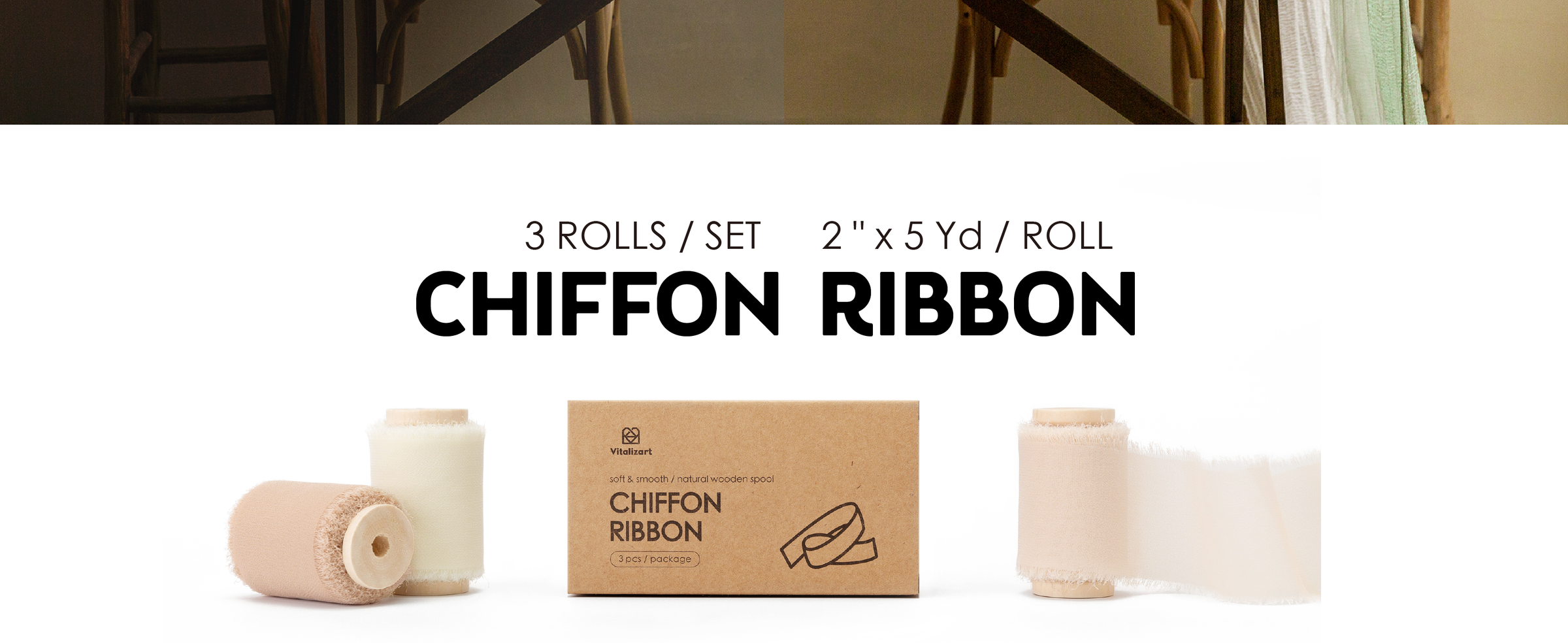 Three light nude, cream, and white chiffon ribbon rolls on wooden spools beside their kraft package.