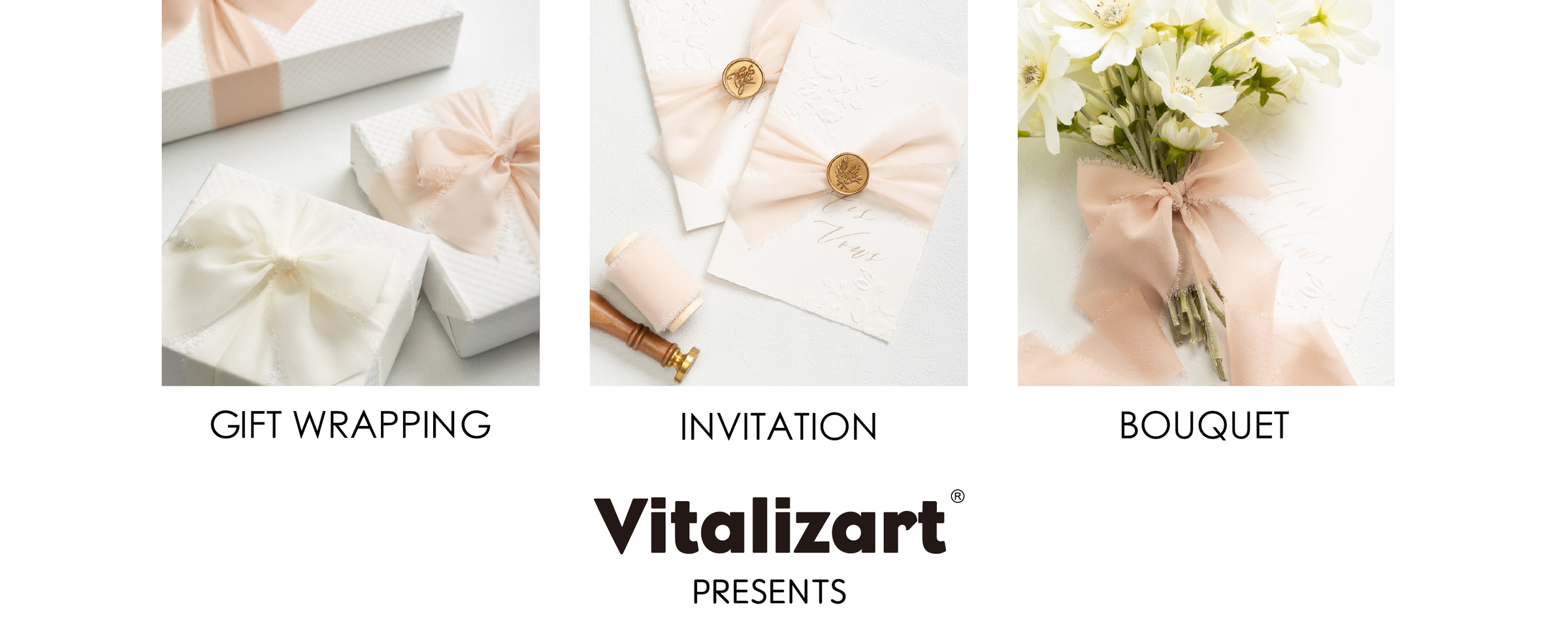 Light nude and white chiffon ribbon decorating gift boxes, wax-sealed invitations, and a white bouquet.