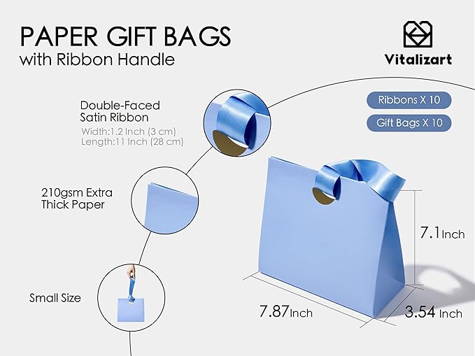 Paper Gift Bags With Ribbon Handles Set of 10 Assorted Colors Bulk Reusable For Gift Wrap 7.87