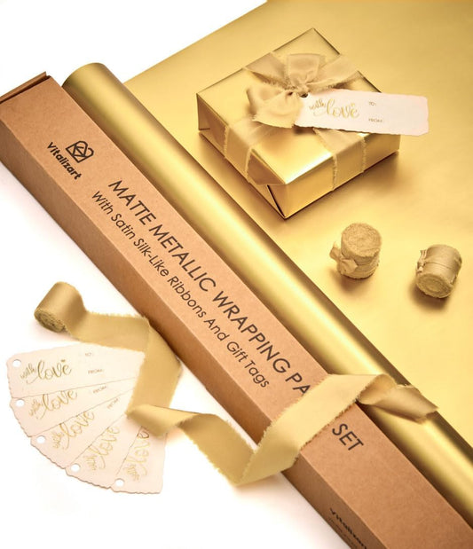 Wrapping Paper Set 30"x197" Matte Metallic With Silk Satin Ribbon & Gift Tags for Baby (Gold Paper & Gold Ribbons)