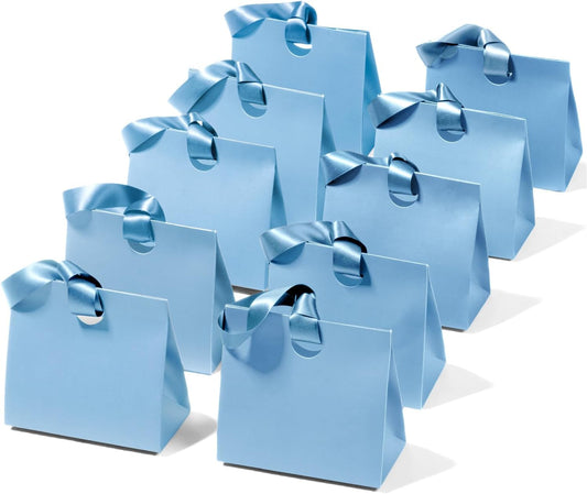 Paper Gift Bags With Ribbon Handles Set of 10 Assorted Colors Bulk Reusable For Gift Wrap 7.87"x3.54"x7.09" Small (Blue colors)