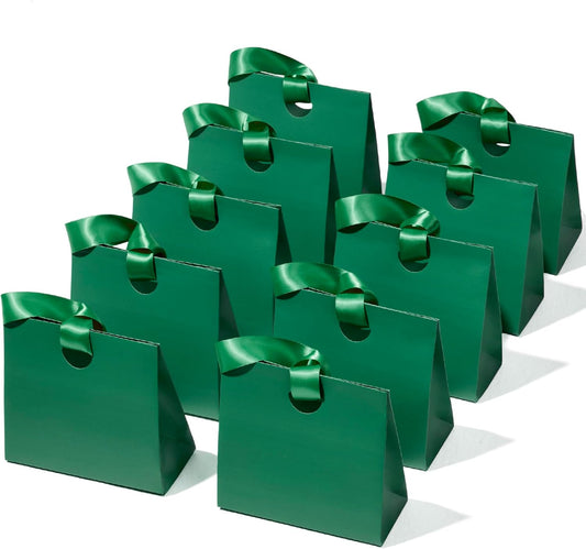 Paper Gift Bags With Ribbon Handles Set of 10 Assorted Colors Bulk Reusable For Gift Wrap 7.87"x3.54"x7.09" Small (Green colors)