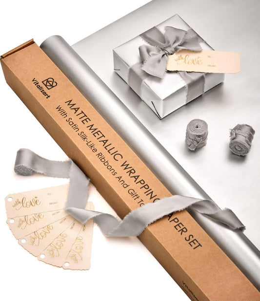 Wrapping Paper Set 30"x197" Matte Metallic With Silk Satin Ribbon & Gift Tags for Baby (Silver Paper & Silver Ribbons)