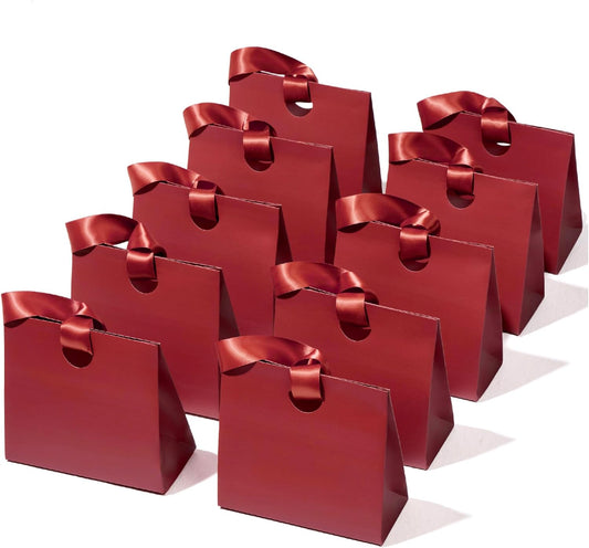 Paper Gift Bags With Ribbon Handles Set of 10 Assorted Colors Bulk Reusable For Gift Wrap 7.87"x3.54"x7.09" Small (Red colors)