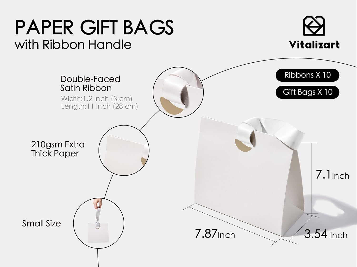 Paper Gift Bags With Ribbon Handles Set of 10 White Bulk Reusable 7.87