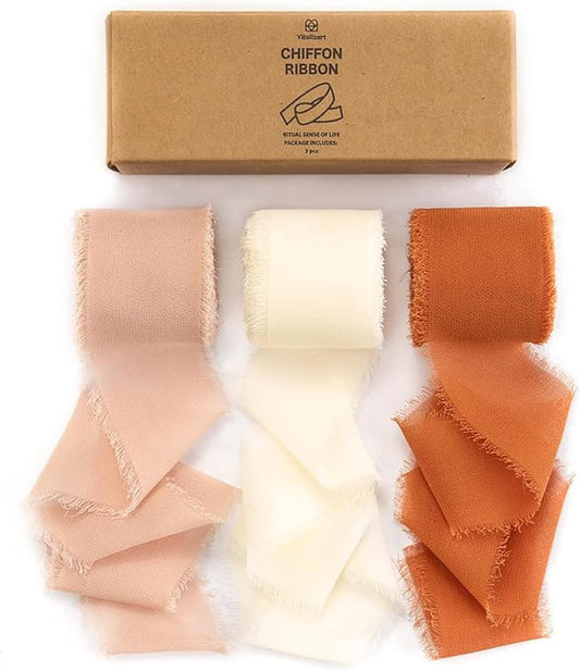 Fringe Chiffon Silk Ribbon 1 1/2 Inch x 21Yd (Terracotta & Cream)