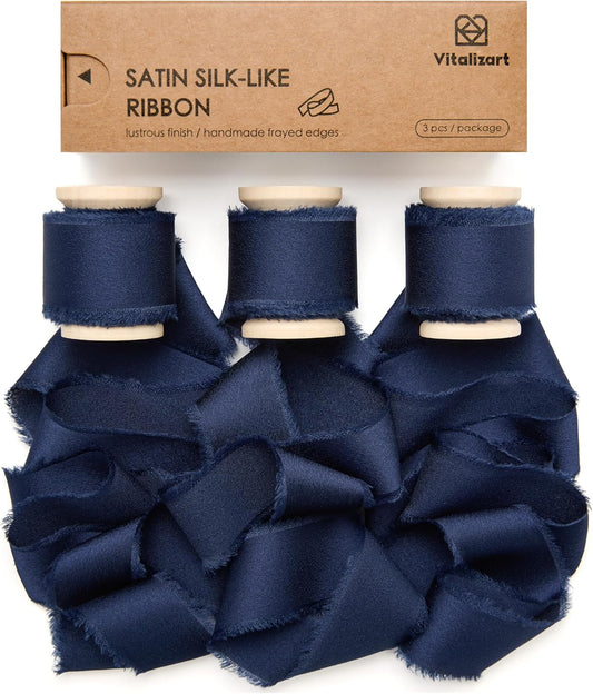 Silk Satin Ribbon With Wooden Spool 1" x 15 Yd (Navy Blue)