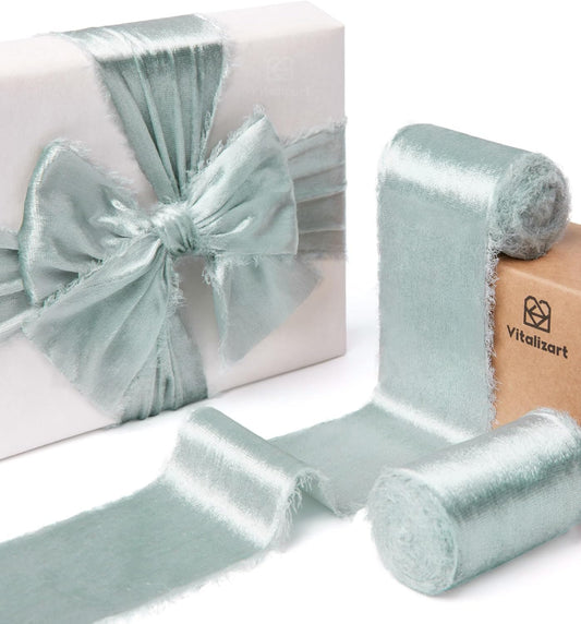 Frayed Edges Glossy Velvet Ribbon For Christmas 2.5"x 5YD (Mint Green)