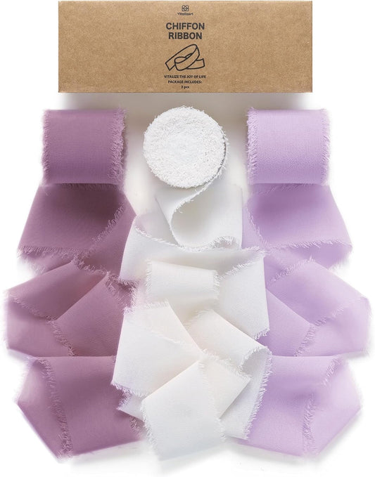 FRINGE CHIFFON SILK RIBBON 1.5" X 21YD (Lavender & White)