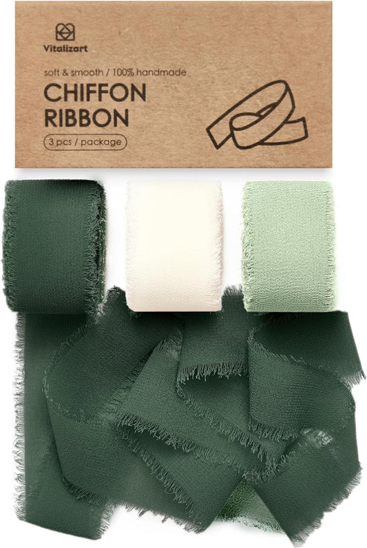 FRINGE CHIFFON SILK RIBBON 1" X 21YD (Cream & Green)