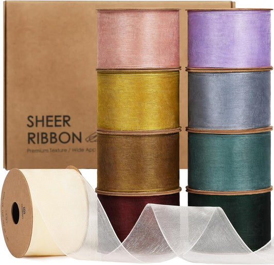 Vitalizart 1.5" x 45 Yards Organza Ribbon Set 9 Rolls x 5 Yd Sheer Ribbon(Mixed Colors)