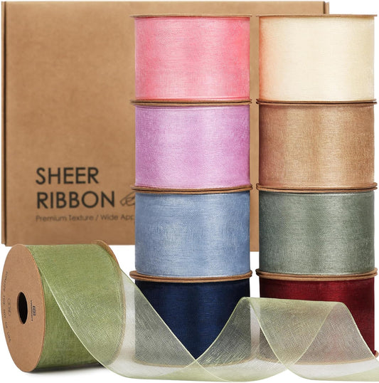 Vitalizart 1.5" x 45 Yards Organza Ribbon Pastel Color 9 Rolls x 5 Yd Sheer Ribbon(Pastel 9 Rolls)