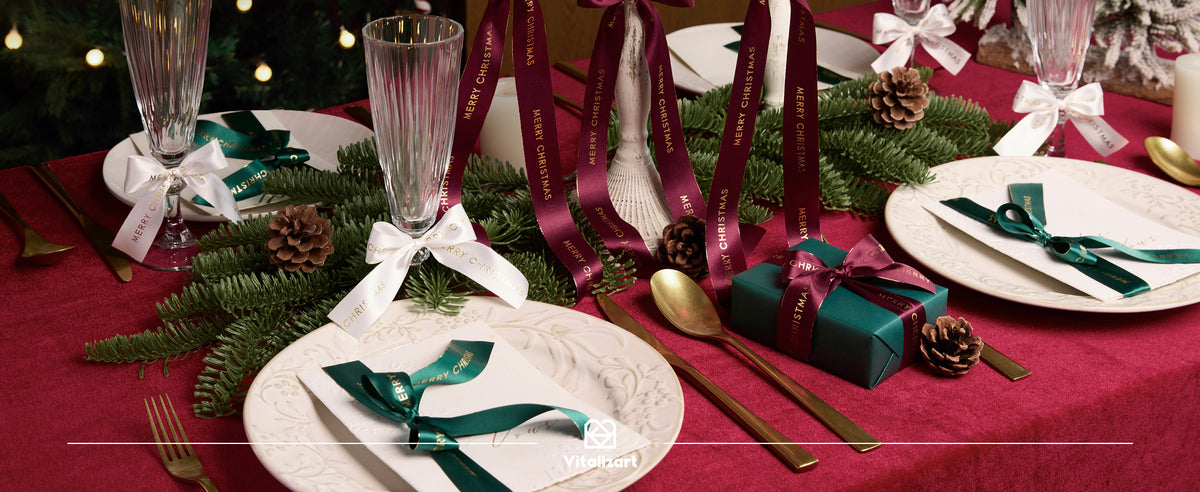 Vitalizart printed gold foil satin ribbon styled for festive gifts
