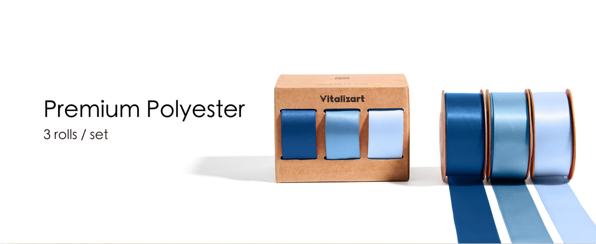 Navy and dusty blue double face satin ribbon product details and dimensions