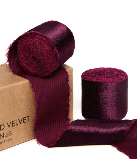 Frayed Edges Glossy Velvet Ribbon For Christmas 1.5"x 5YD (Burgundy Red)
