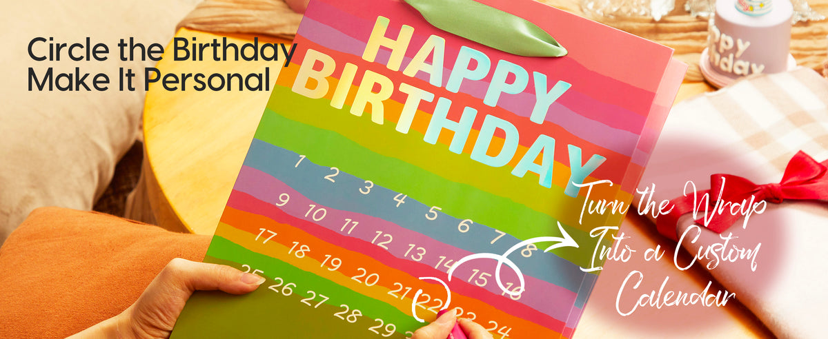 Rainbow-striped birthday gift bag as a person circles date 22 on its white numbered calendar