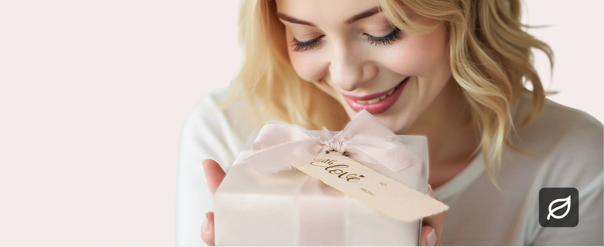 Gift-wrap set with pearly white paper roll, three light nude ribbons, and six cream gift tags
