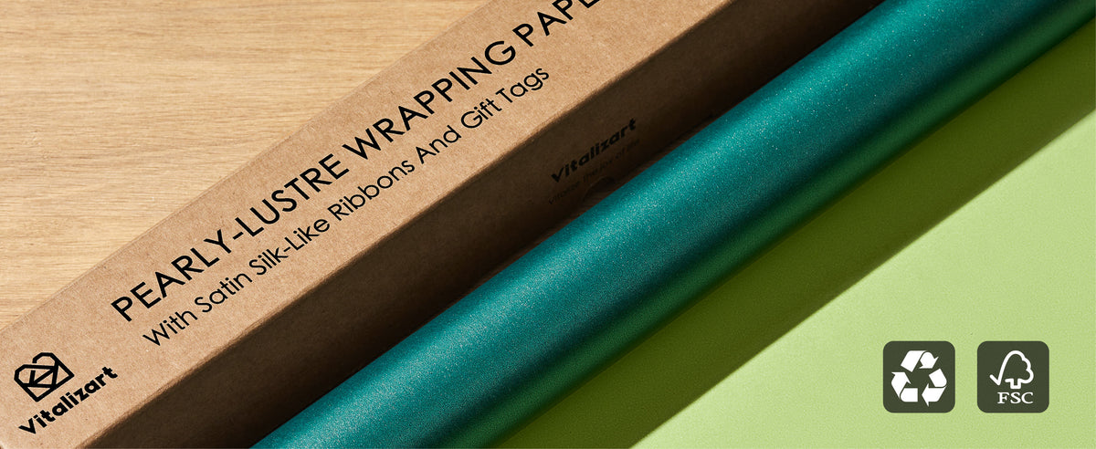 Boxed pearly green wrapping paper set displayed with recycling and FSC symbols