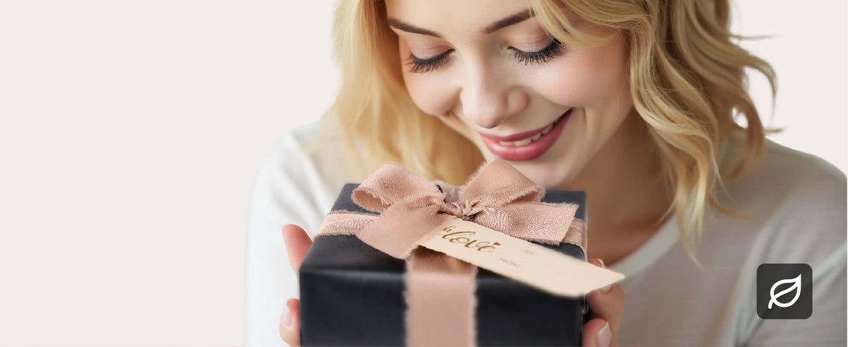 Woman holding a black gift wrapped with a wide nude ribbon bow and cream gift tag