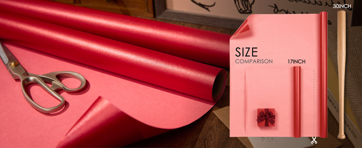 Red pearly wrapping paper size comparison showing 17-inch and 30-inch widths with a cut line